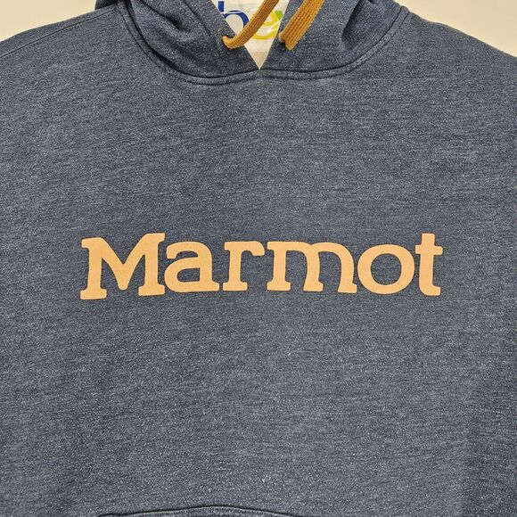 Marmot Hoodie Mens Large Blue Yellow Pullover Spell Out Logo Sweatshirt Outdoors - Picture 2 of 11